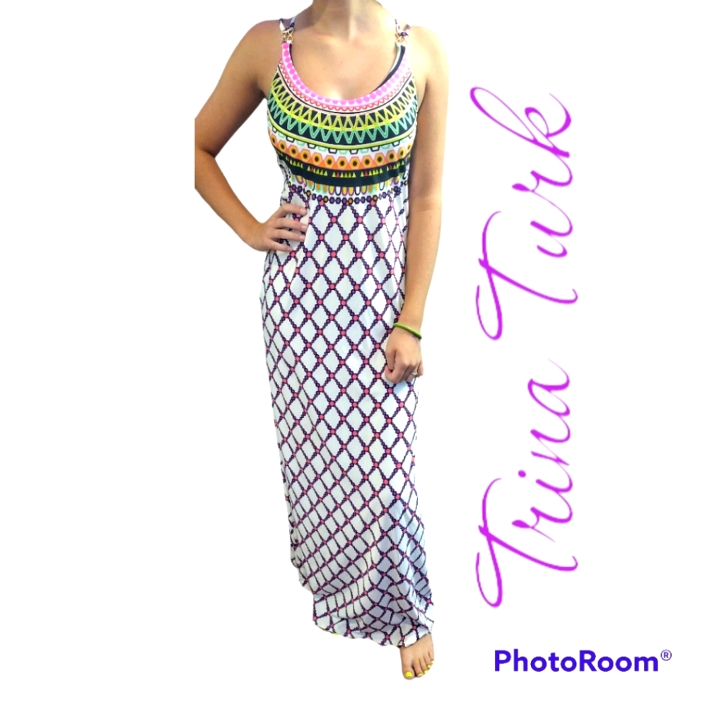 Trina Turk maxi medium sun dress beach vacation backless strappy neon open back